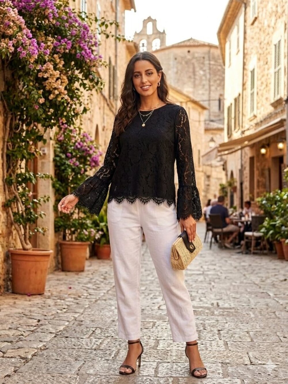 IMNYC Isaac Mizrahi Black Lace Bell Sleeve Blouse